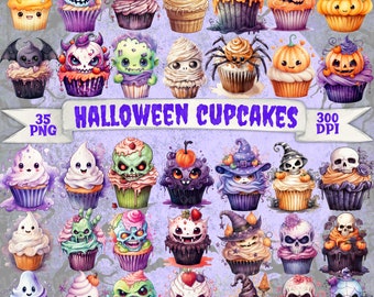 Spooky Cute Halloween Cupcakes Clipart PNG Bundle Cute Kawaii Halloween Cake Clipart Transparent PNG Spooky Treats Printable Pastel Cupcakes