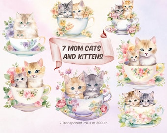 Mom Cat and Kitten in a Tea Cup Clipart Cute Kitten PNG Cat Clipart Mothers Day Kitten Clip Art Cute Cat Transparent PNG Digital Download