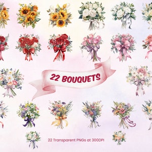 Bouquet di fiori dell'acquerello Clipart Bundle Bouquet floreale PNG Bundle PNG trasparente JPG Download istantaneo Adesivi digitali Uso commerciale Art