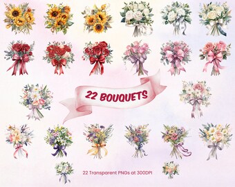 Watercolor Flower Bouquets Clipart Bundle Floral Bouquet PNG Bundle Transparent PNG JPG Instant Download Digital Stickers Commercial Use Art