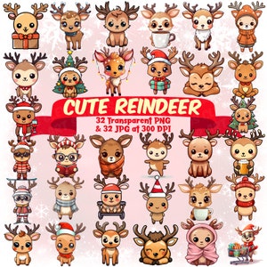 Kawaii Cute Reindeer Clipart Cute Christmas Reindeer PNG Bundle Funny Reindeer Sublimation Kawaii Christmas Clipart Bundle Deer Clipart PNG