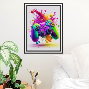 Puede incluir: Un mando de videojuego colorido con un efecto de salpicadura de pintura arcoíris. El mando está rodeado de salpicaduras de pintura coloridas y orbes.