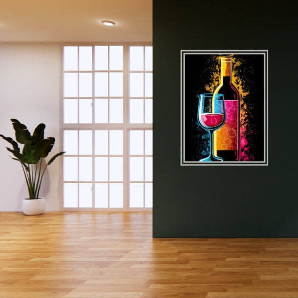 Bottle & Glass of Wine Painting, Wine Glass Art, Kitchen Wall Decor, Wine Art Print, Wine Wall Art, Bar Decor, Home Bar Decor, Pack 5 png