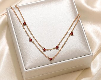 Heart Garnet Double Chain Necklace, January Birthstone Jewelry