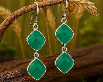 Orecchini pendenti in onice verde per lei, gioielli boho hippie in argento sterling placcato oro,
