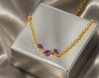 Amethyst Leaf Sterling Silver Necklace, Minimalist Purple Gemstone Necklace