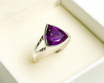 Trillion Cut Amethyst Ring: Sterling Silver Minimalist Stacking Ring