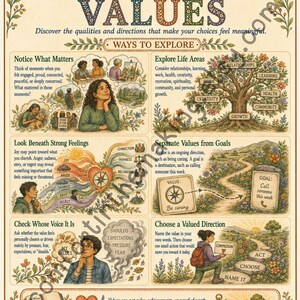 May include: An educational poster titled DBT Skill: IDENTIFYING VALUES. It features six illustrated sections with text explaining how to explore life areas, look beneath feelings, and choose valued directions, decorated with floral borders.