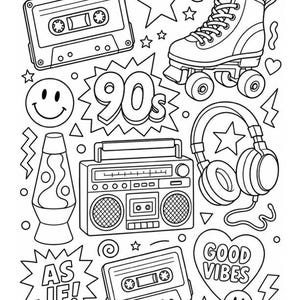 Op de afbeelding: Een zwart-wit kleurplaat met lijntekeningen in jaren 90-stijl, waaronder een cassettebandje, rolschaats, smiley, lavalamp, boombox, koptelefoon en een hart met de tekst GOOD VIBES en een sterretje met de tekst AS IF.