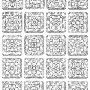 May include: A collection of twenty square crochet motifs arranged in a five-by-four grid. Each square features a distinct black and white line art illustration of a floral pattern with intricate stitch details and a textured border.