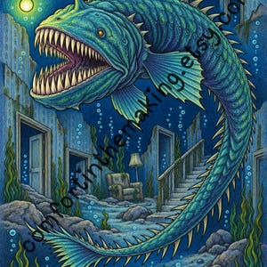Peut inclure: Une illustration aux crayons de couleur représentant une grande baudroie aux écailles bleu-vert, dotée de dents acérées et d'un leurre lumineux, nageant dans une pièce sous-marine avec un fauteuil, un escalier et des portes, texte comfortinthemaking.etsy.com.