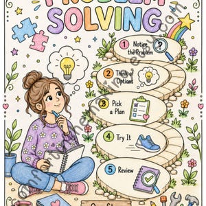 May include: A colourful educational poster titled PROBLEM SOLVING featuring a person sitting with a notebook and a five-step path. Each step includes icons like a magnifying glass, lightbulb, checklist, shoe, and notebook. Text includes One Step at a Time.