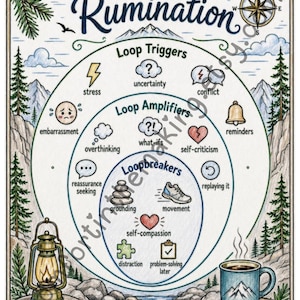 May include: A printed chart titled Circles of Rumination featuring three concentric circles labeled Loop Triggers, Loop Amplifiers, and Loopbreakers. The design includes illustrations of a lantern, a coffee mug, mountains, and pine trees.