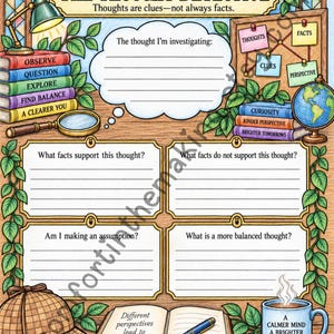 May include: A colorful worksheet titled The Thought Detective with the text Thoughts are clues—not always facts. It features a central thought bubble, four rectangular writing sections, a stack of books, a magnifying glass, a corkboard, and a mug.