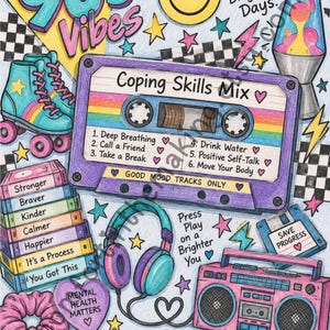 Op de afbeelding: Een kleurrijke illustratie in 90s-stijl met een paarse cassettebandje met de tekst Coping Skills Mix, een roze boombox, turquoise rolschaatsen, een koptelefoon, een lavalamp en boeken. Tekst bevat 90s Vibes, Same Tools. Brighter Days. en Mental Health Matters.