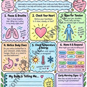 May include: A colorful educational poster titled Interoception Check-In with six numbered steps for body awareness. It features hand-drawn illustrations of lungs, a heart, a human figure, a stomach, a hand, a sun, a thermometer, and snowflakes.