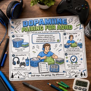 May include: A white informational poster titled Dopamine Pairing for ADHD with blue and green text. It features four illustrated steps for task management, a central character wearing headphones, and the text Small steps. Fun pairings. Big difference.