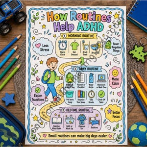 May include: A colorful educational poster titled How Routines Help ADHD, featuring illustrated morning, daily, and bedtime routines. The chart includes icons for tasks like brushing teeth, packing a backpack, and sleeping, alongside a central character.