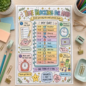 Könnte beinhalten: Ein farbenfrohes, illustriertes Planerblatt mit dem Titel Time Blocking for ADHD und einem zentralen Zeitplan von 8:00 bis 19:00 Uhr. Es enthält nummerierte Schritte, Symbole für tägliche Aufgaben und den Text Progress Not Perfection.