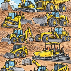 May include: A collection of yellow construction vehicles including an excavator, dump truck, bulldozer, wheel loader, backhoe, motor grader, skid steer, asphalt paver, road roller, and telehandler, all positioned on a brown dirt construction site.