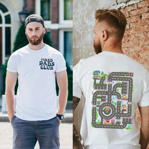 疲れたお父さんクラブのシャツ、かわいい疲れたお父さんクラブのTシャツ、お父さんの背中のマットで車で遊ぶロードカーレーストラックシャツ、父の日のギフト、お父さんへのギフト