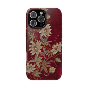 Coque de portable robuste passiflores blanches sur rouge profond pour iPhones 14, 15, 16 Mini, Pro Max, Samsung Galaxy S22 S23 S24 GG Pixel 8 9 Pro