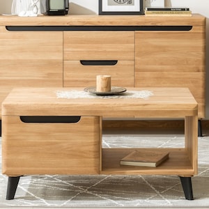Solid Wood Oak center coffee table with 2 drawers and black legs, Table basse en chêne massif pour le salon, Massivholz Eiche Couchtisch