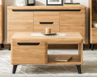 Solid Wood Oak center coffee table with 2 drawers and black legs, Table basse en chêne massif pour le salon, Massivholz Eiche Couchtisch