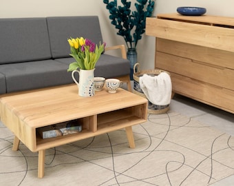 Solid Oak Coffee Table: Scandinavian Design Wood Table with Storage