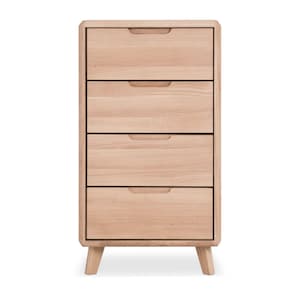 Könnte beinhalten: Eine Kommode aus hellem Holz mit vier Schubladen und abgerundeten Beinen.