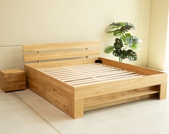 Solid Oak Wood Bed Frame: Modern Nordic Design with Storage