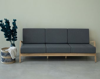 Solid Oak Three-Seater Sofa: Nordic Style, Removable Covers