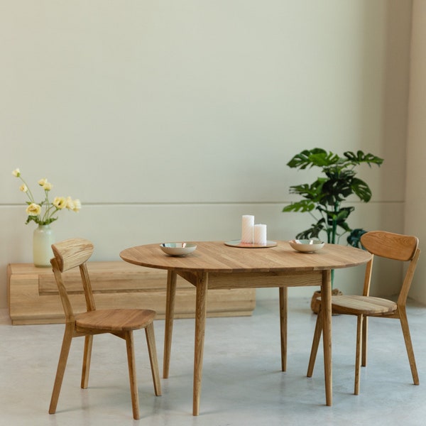 Massief eiken ronde uitschuifbare tafel, houten tafel in Scandinavische stijl, tafel uitschuifbaar Ronde en Chêne Massif, Runder ausziehbarer Tisch
