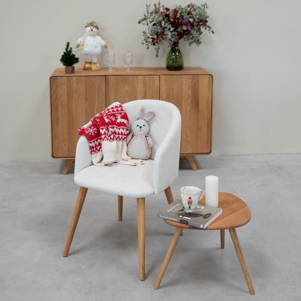 Solid Oak Armchair: White Upholstery, Scandinavian Design