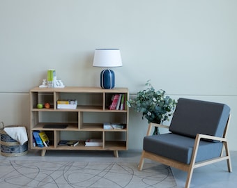 Solid Oak Wood Bookcase: Scandinavian Bookshelf, Walnut Storage