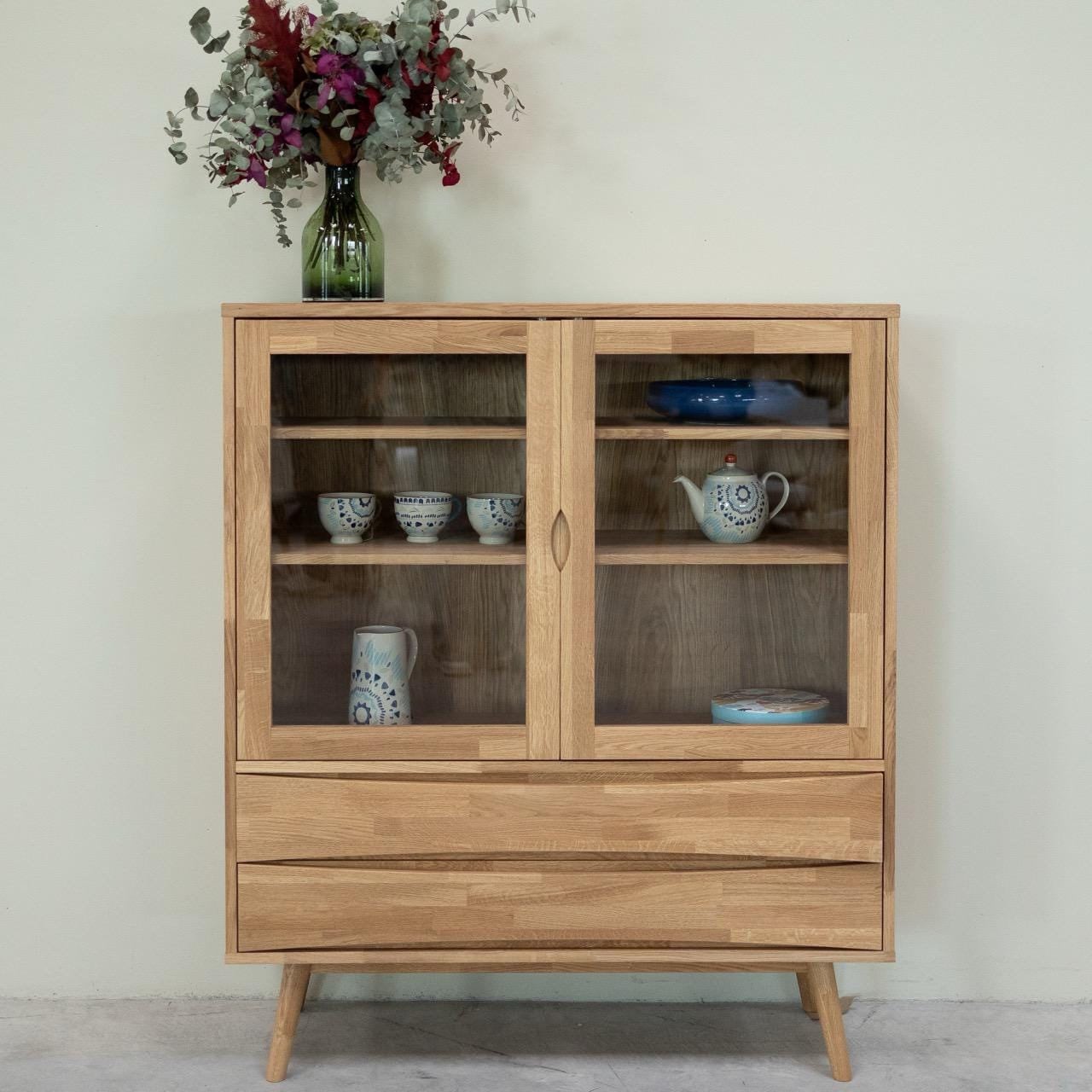 Solid Oak Display Cabinet: Glass Door Vitrine, Honey Finish
