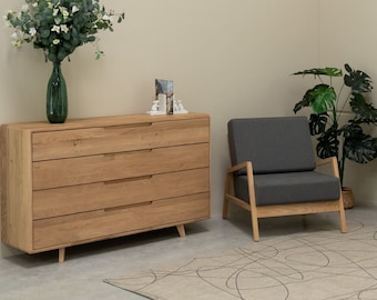 Solid Oak Wood Dresser: Scandinavian Style 4-Drawer Storage