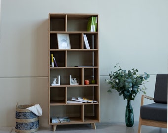 Solid Oak Bookshelf: Walnut Book Storage, Modern Wood Display