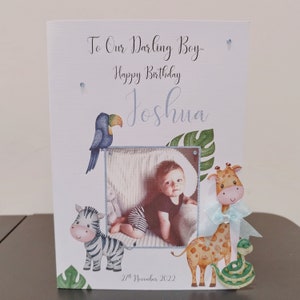 Biglietto d'auguri personalizzato, figlio, nipote, fratello, nipote, biglietto d'auguri fotografico di lusso con nastro, animali Safari, glitter, 1° 2° 3°