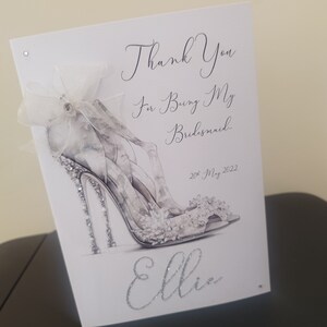 Tarjeta de agradecimiento personalizada, hija, dama de honor, amiga, tarjeta especial de lujo con cinta y brillo, diamantes, moda, belleza, zapatos