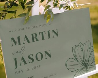 Green Floral Wedding Welcome Sign, Large Wedding Sign, Script Wedding Sign, Leaf Print Wedding Welcome Sign.