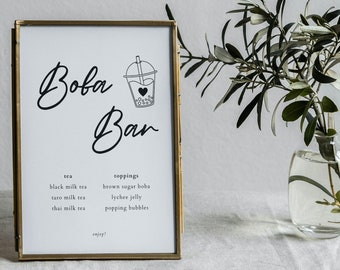 Letrero minimalista para bodas con té de burbujas / Letrero para té boba / Té con leche y aderezos / Letrero para mesa de bebidas / Letrero moderno para té boba / Plantilla editable