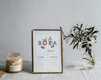 Letrero moderno para bodas con té de burbujas, letrero para té Boba, letrero para té con leche y aderezos, letrero para mesa de bebidas, plantilla editable