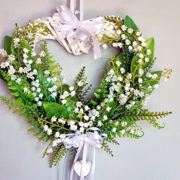 Wicker wreath, heart, Holy Communion, wedding, lilies of the valley, elegant style, gift, handmade, decoration, original decoration, spring