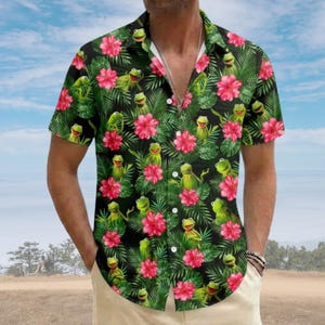 Kermit The Frog Button Shirt, Muppets Kermit Tropical Floral Hawaiian Shirt, Kermit Green Frog Aloha Shirt, Summer Beach Button Up Shirt