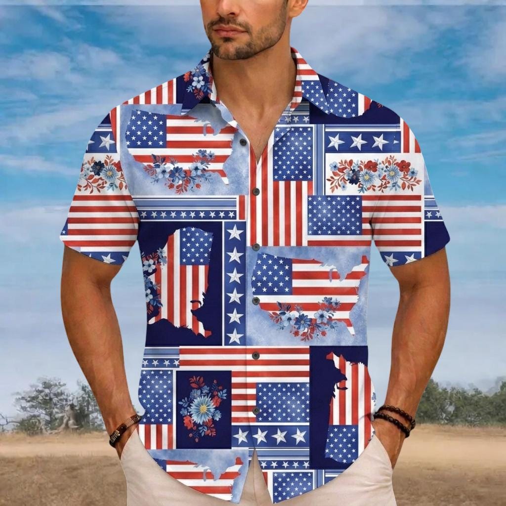 Discover Patriotic USA Map Hawaiian Shirt, Floral American Flag Button Shirt, Independence Day Patchwork Shirt, 4th of July Mens Floral Shirt