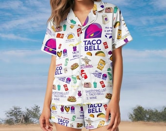 Taco Bell Short Satin Pajamas, Fast Food Sleepwear Set for Women, Silky Lounge Outfit, Food Pajama Shorts, Taco Bell Fan Gifts, Gift For Her