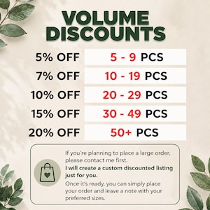 May include: Image showing volume discounts: 5% off for 5-9 items, rising to 20% off for 50+ items. Text encourages contact for custom listings for large orders. Green leaves decorate the background.