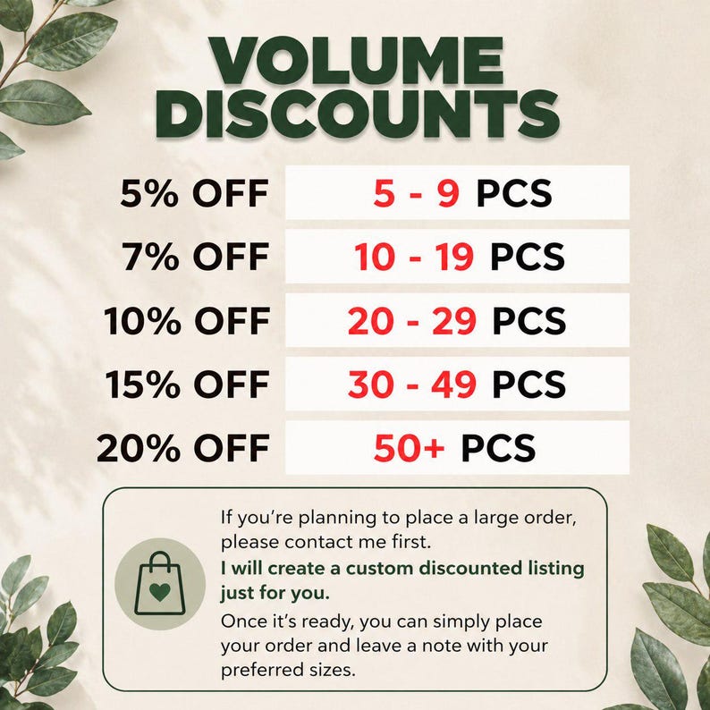 May include: Image showing volume discounts: 5% off for 5-9 items, rising to 20% off for 50+ items. Text encourages contact for custom listings for large orders. Green leaves decorate the background.