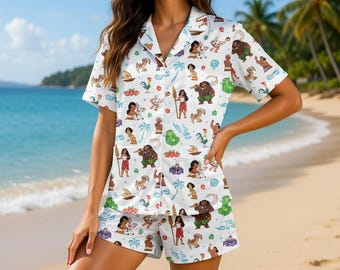 Moana Satin Pyjama, Disney Prinzessinnen PJs, Maui und Hei Hei Nachtwäsche, Moana Fan Geschenk, Tropische Disney Loungewear, Island Vibes PJs
